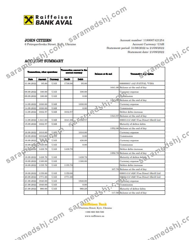 Ukraine Raiffeisen bank statement, Excel and PDF template